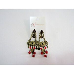 Huimei Gold Geometric Aztec Red Bead Dangly Earrings Native American Boho Festiv